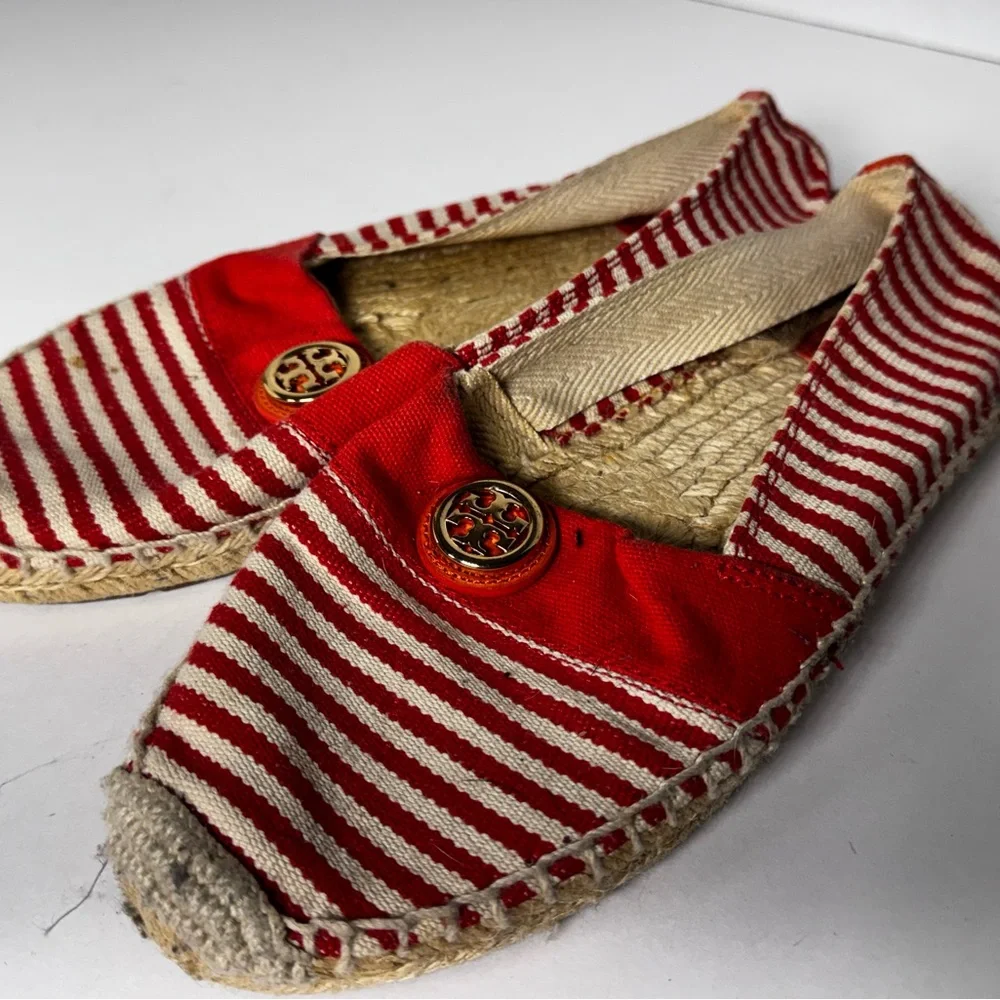 Tory Burch Beacher Striped Canvas Espadrilles Orange White 9